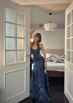 Mermaid V-neck Sheath Long Prom Dresses Fine Glitter Navy Blue Long Formal Dresses AB917