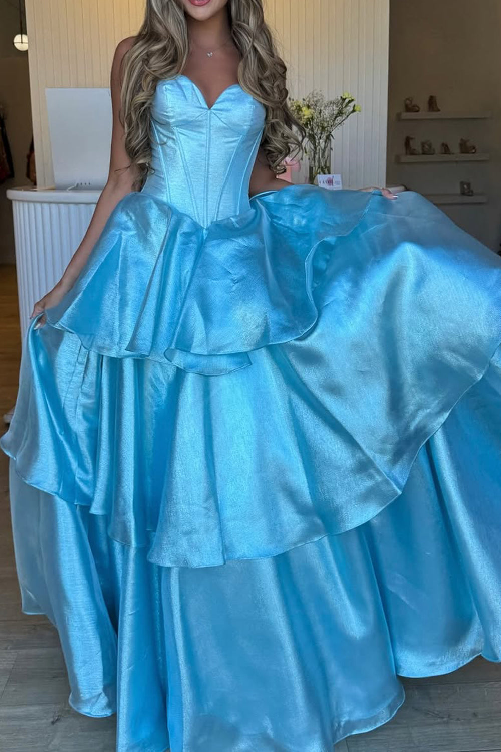 A-Line Strapless Light Blue Ruffle Tiered Long Prom Dresses with Bowknot
