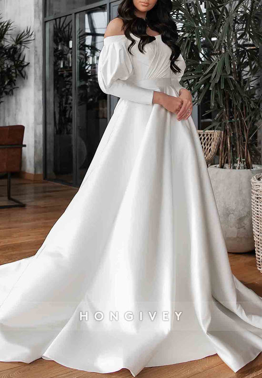 Bowknot Chapel Train A-line Off the Shoulder Long Sleeve Pleated Wedding Dresses