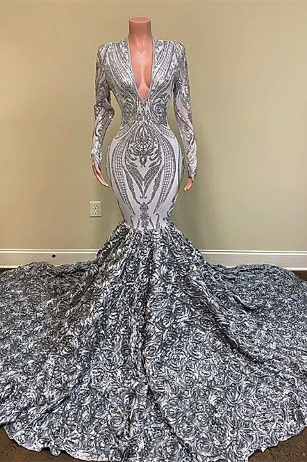 Silver Sequins Lace V Neck Long Sleeves Prom Dress Mermaid With Flowers Bottom