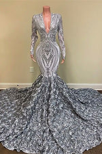 Silver Sequins Lace V Neck Long Sleeves Prom Dress Mermaid With Flowers Bottom