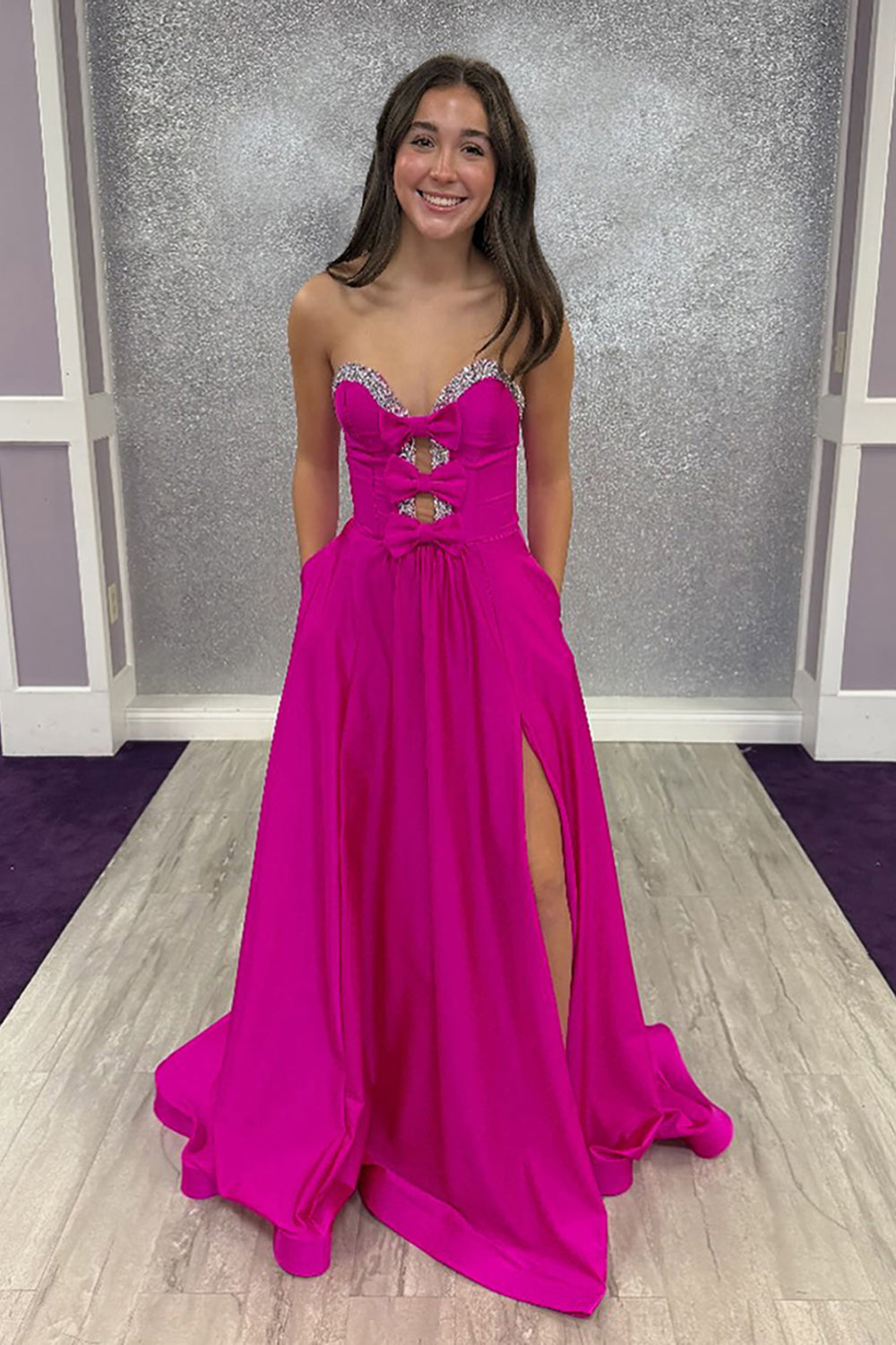 A-Line Sweetheart Keyholes Red Satin Long Prom Dresses with Pockets