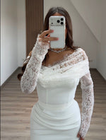 White Lace Long Sleeve One Shoulder Floor-Length Trumpet Evening Gowns