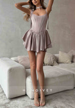 Regular Straps A-Line Ruched Crisscross Back Mini Homecoming Dresses