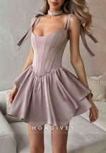 Regular Straps A-Line Ruched Crisscross Back Mini Homecoming Dresses