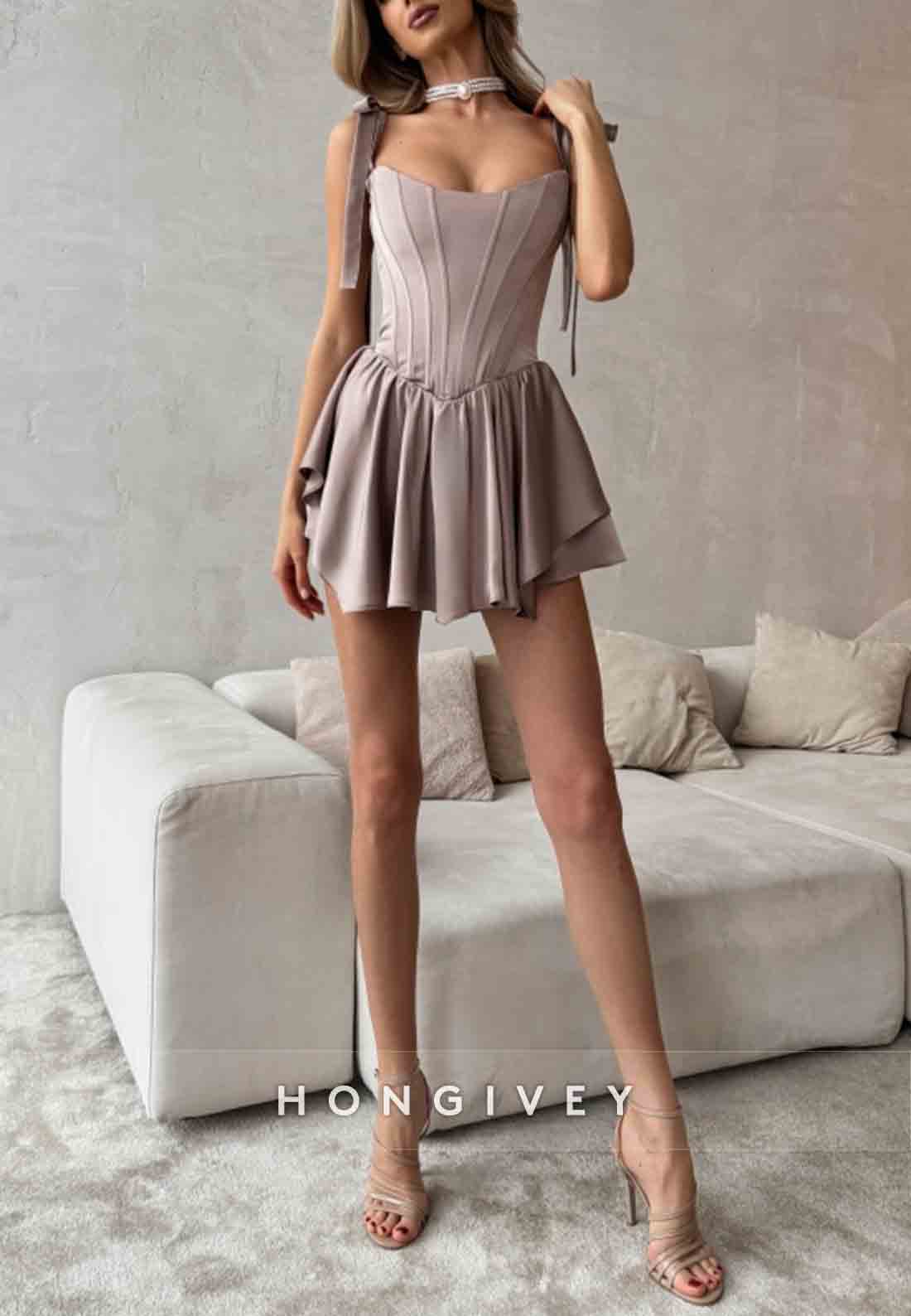 Regular Straps A-Line Ruched Crisscross Back Mini Homecoming Dresses