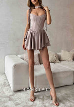 Regular Straps A-Line Ruched Crisscross Back Mini Homecoming Dresses