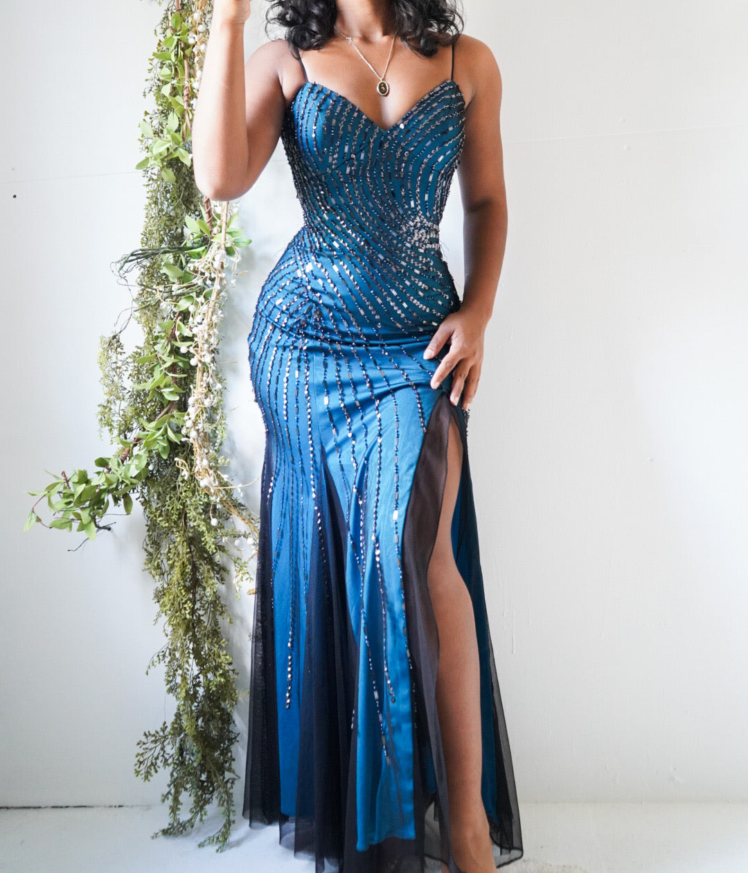 Teal and Black Layered Backless Gown