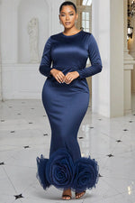 Plus Size Formal Navy Blue Round Neck Long Sleeve 3D Elegant Mermaid Satin Maxi Dresses