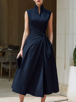 Sleeveless Wrap Midi Dress With Structured Stand Collar