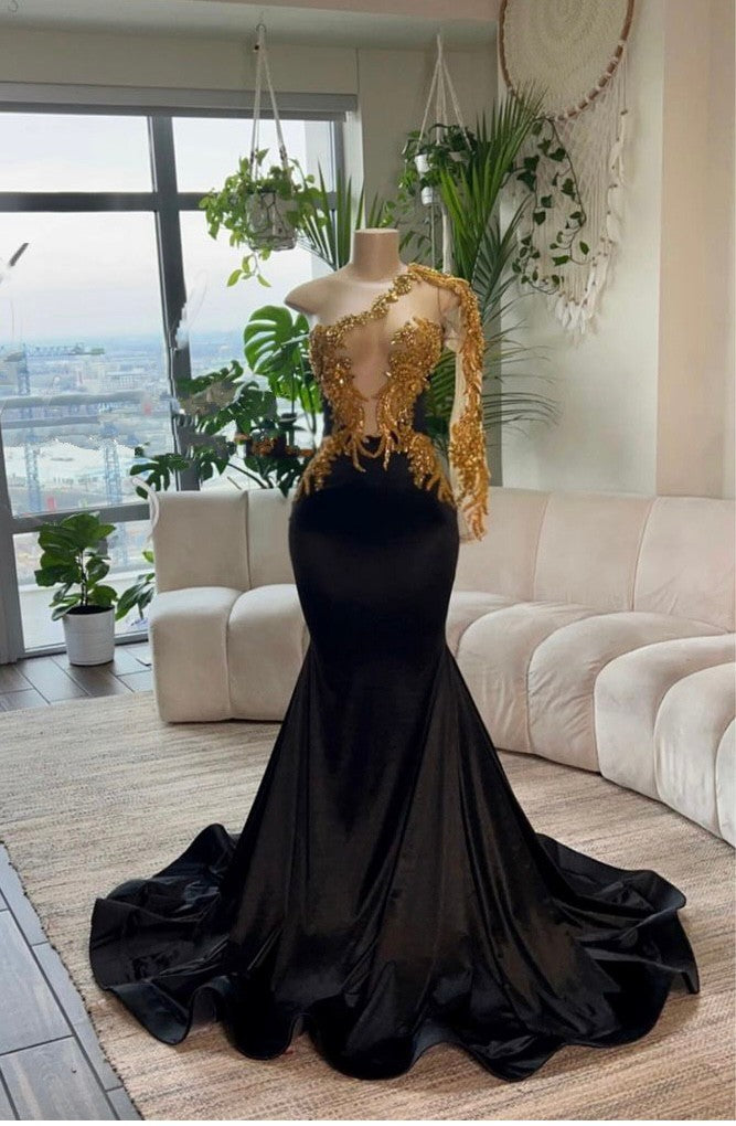 Hidais Black Sexy Elegant Embroidery One Shoulder Mermaid Long Prom Dress