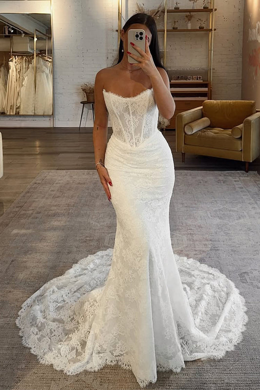 Bohomian Mermaid Scoop Neck Lace Wedding Dress with Appliques