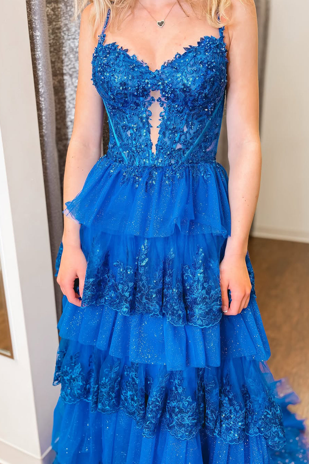 Cute A Line V Neck Royal Blue Tiered Tulle Prom Dress with Appliques