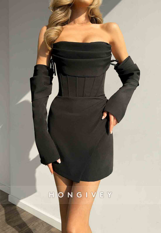 Simple Off the Shoulder Low Back Sheath Pleated Mini Homecoming Dresses