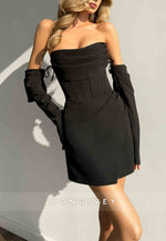 Simple Off the Shoulder Low Back Sheath Pleated Mini Homecoming Dresses