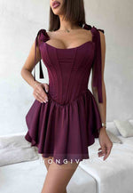 Regular Straps A-Line Ruched Crisscross Back Mini Homecoming Dresses