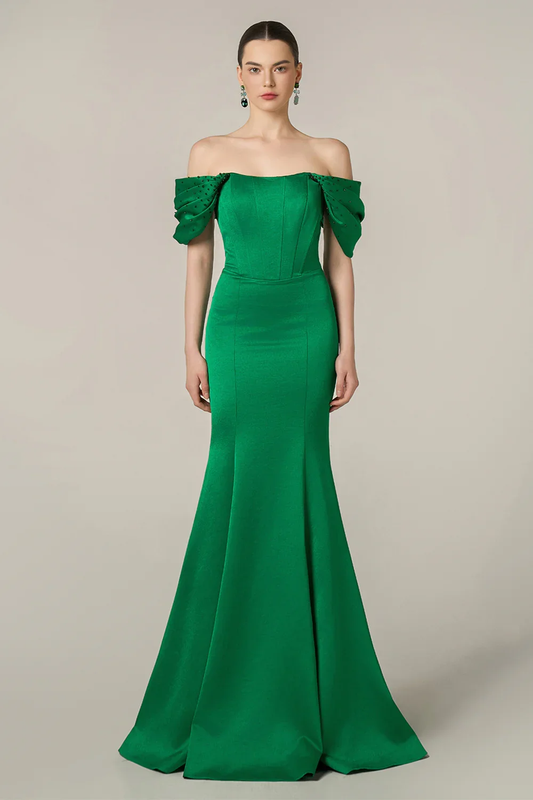 Satin Off-The-Shoulder Sleeveless High Waist Long Evening Dress With Rhinstone