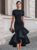 Asymmetrical Ruffle Hem Tailored Midi Dress