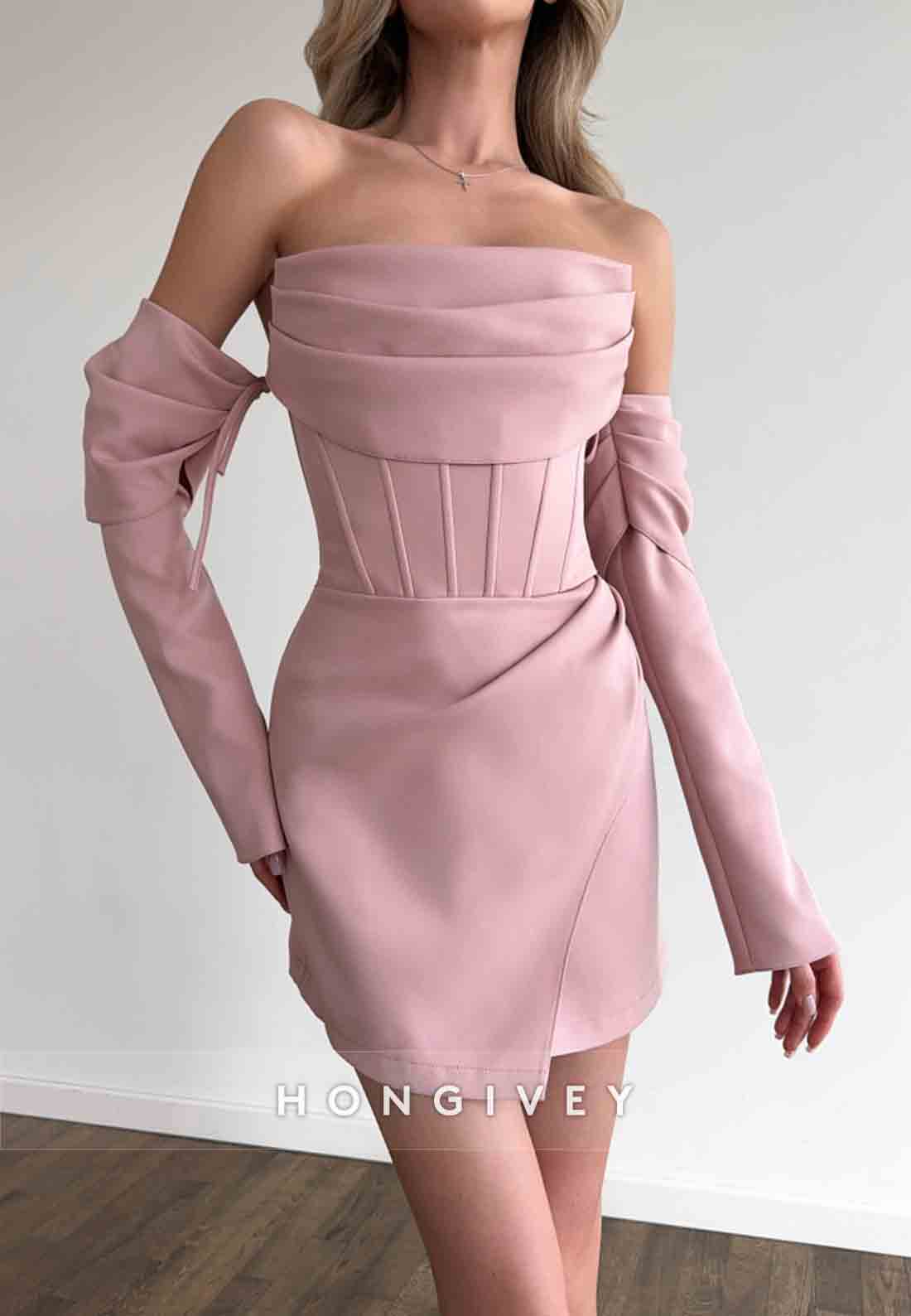 Simple Off the Shoulder Low Back Sheath Pleated Mini Homecoming Dresses