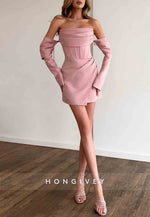 Simple Off the Shoulder Low Back Sheath Pleated Mini Homecoming Dresses