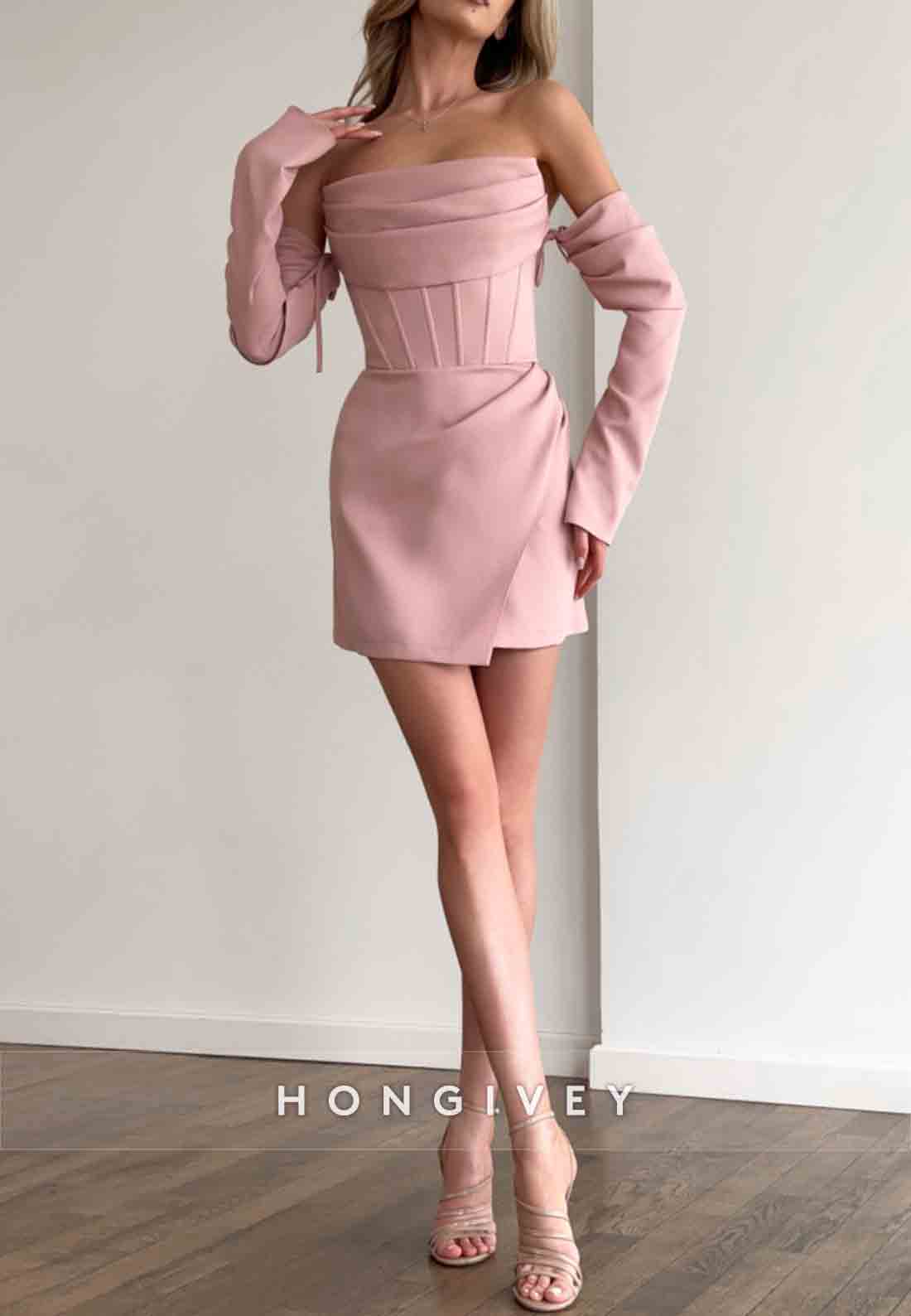 Simple Off the Shoulder Low Back Sheath Pleated Mini Homecoming Dresses