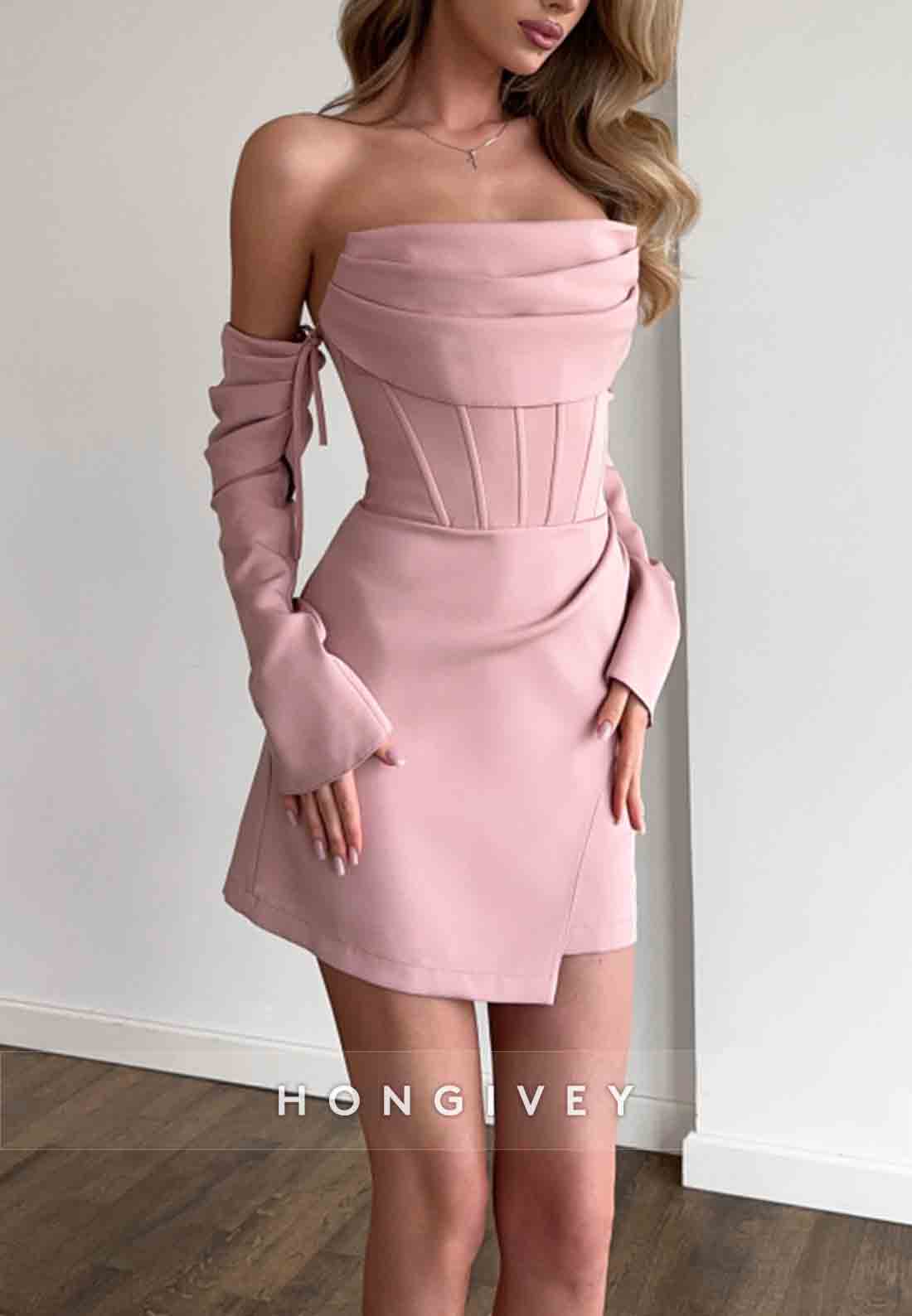 Simple Off the Shoulder Low Back Sheath Pleated Mini Homecoming Dresses