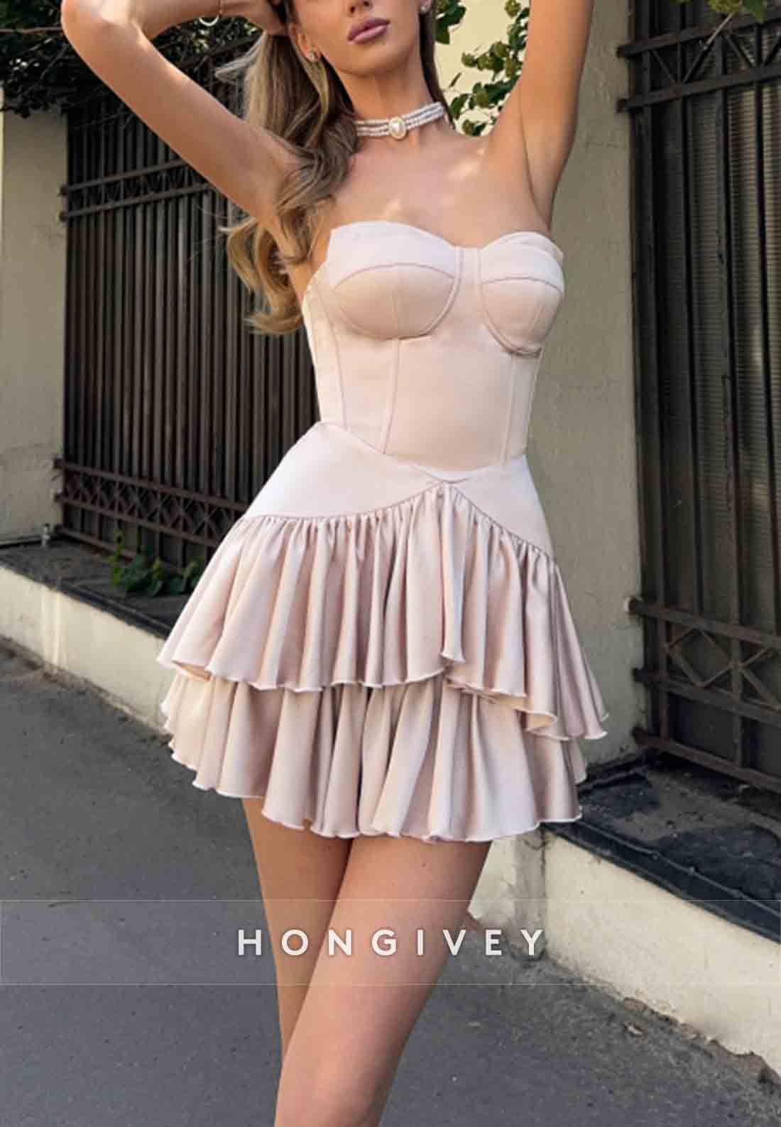 Blush Strapless Sweetheart Low Back A-Line Mini Homecoming Dresses with Ruched
