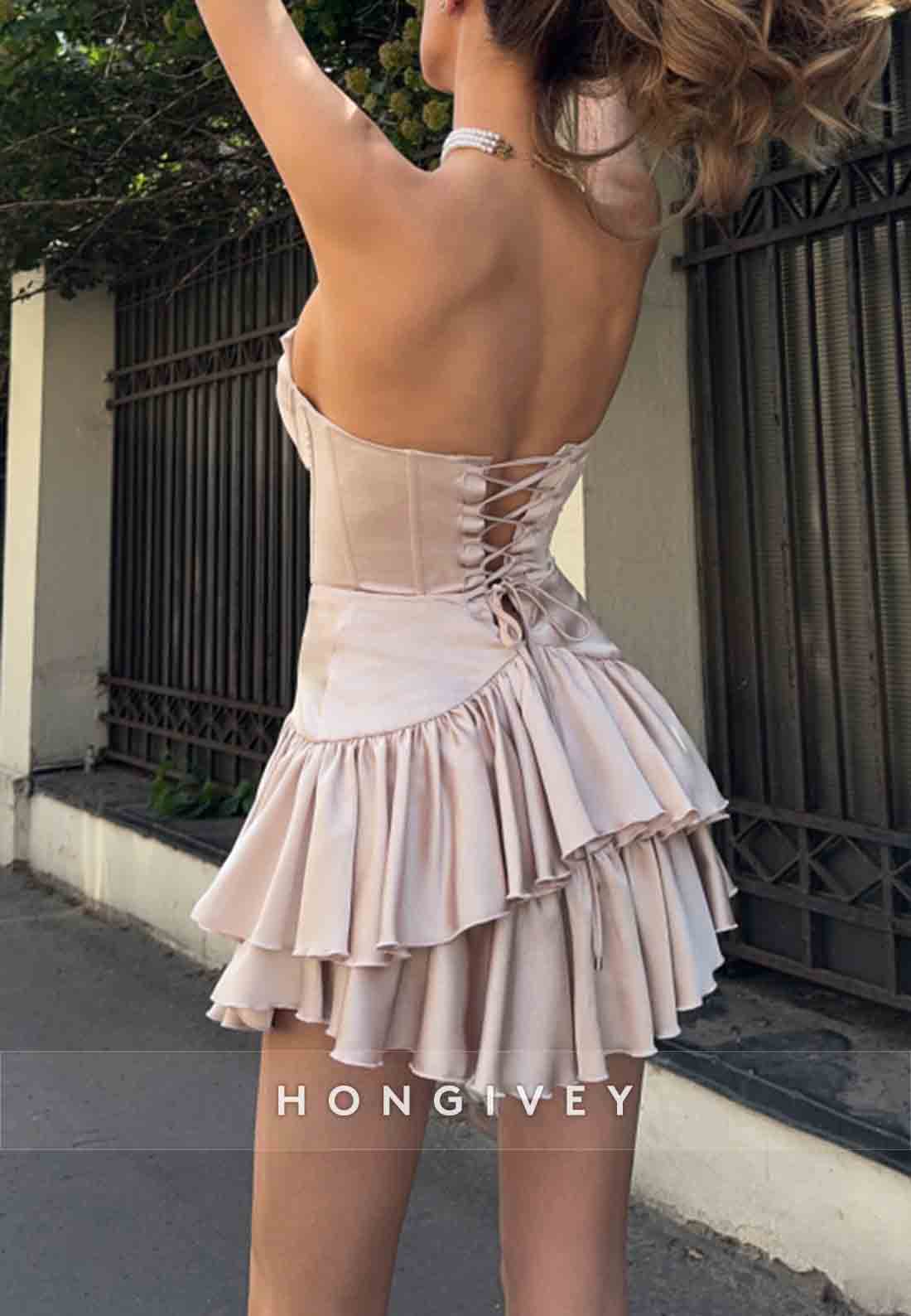 Blush Strapless Sweetheart Low Back A-Line Mini Homecoming Dresses with Ruched