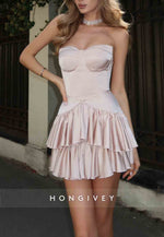 Blush Strapless Sweetheart Low Back A-Line Mini Homecoming Dresses with Ruched
