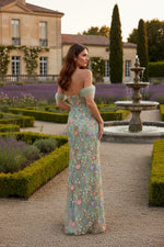 Green Off-the-Shoulder Bustier Floral Column Gown
