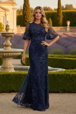 Navy Flutter Sleeve Floral Embroidered Net Evening Dress