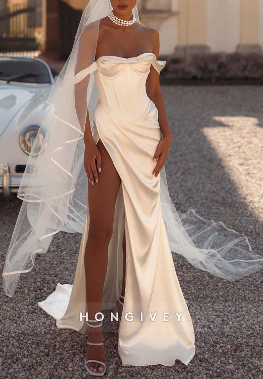 High Slit Satin Low Back Off the Shoulder Court Train Trumpet Wedding Dresses
