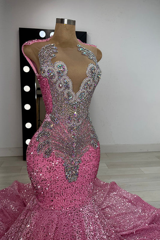 Pink Scoop Sleeveless Mermaid Prom Dresses Sequins Long With Beadings