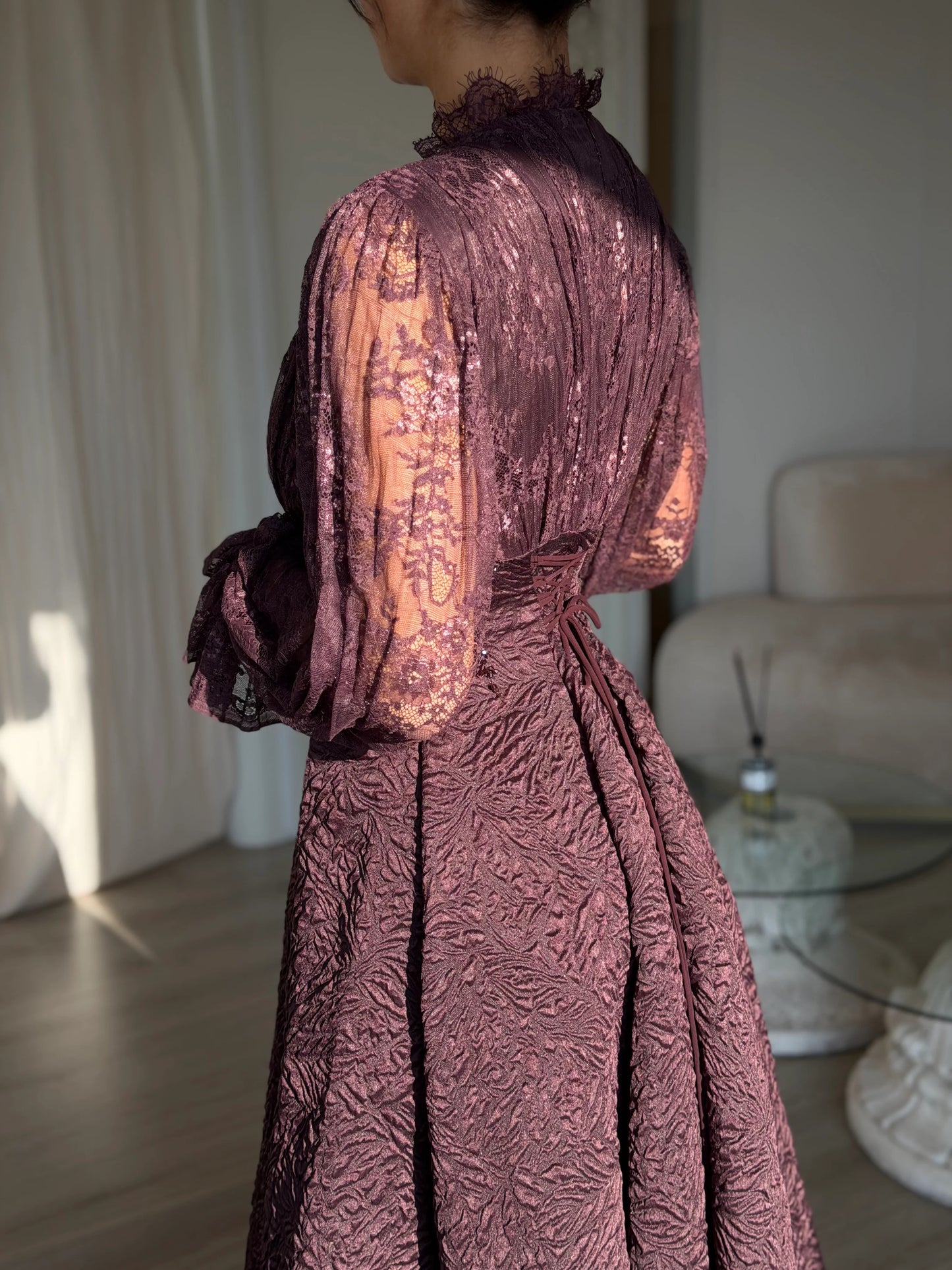 Lace V-Neck Putty Long Sleeve A-Line Ankle-Length Evening Dress