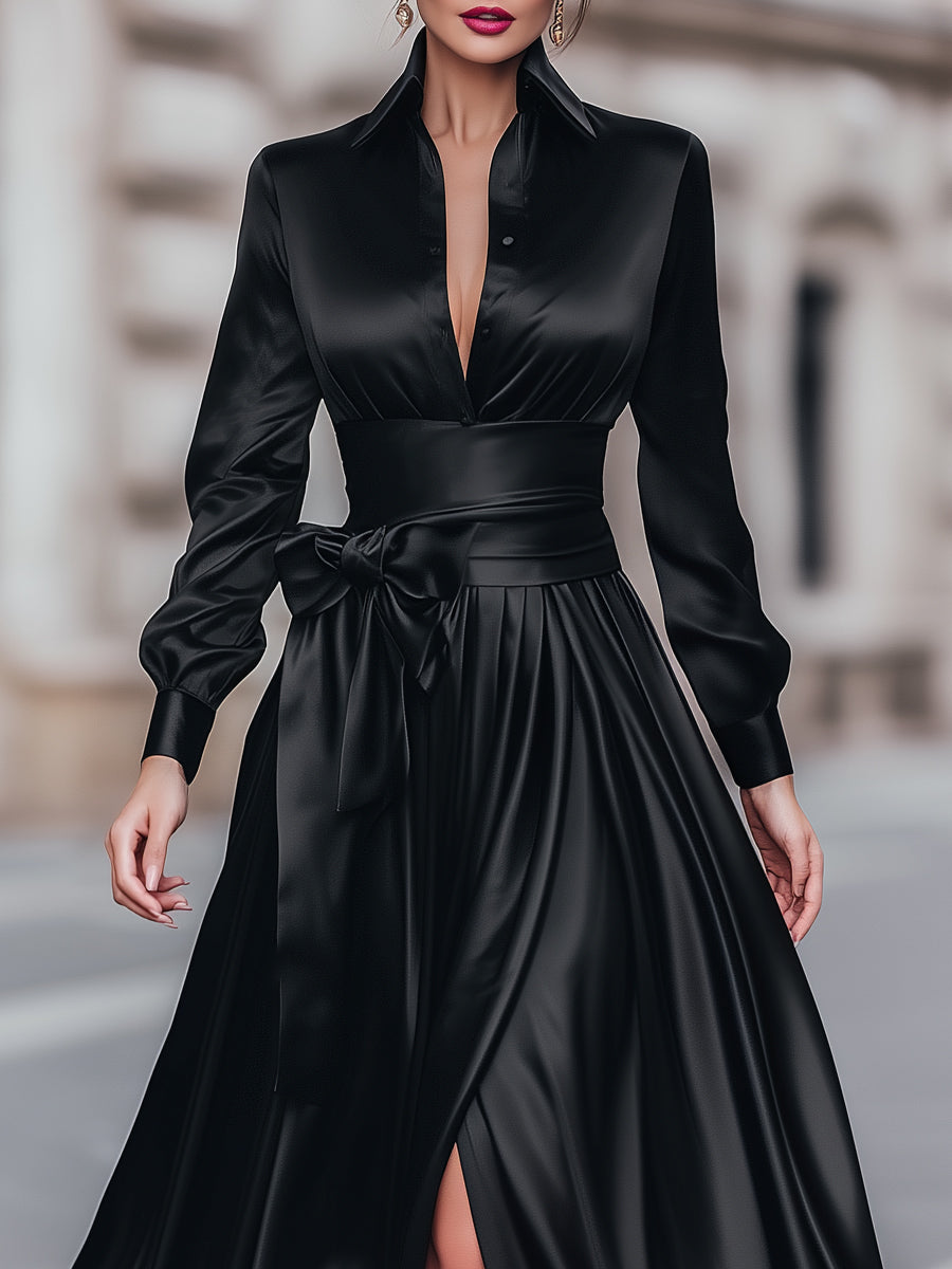 Satin A-Line Evening Gowns Shirt Maxi Dress With Bow Waist