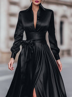 Satin A-Line Evening Gowns Shirt Maxi Dress With Bow Waist