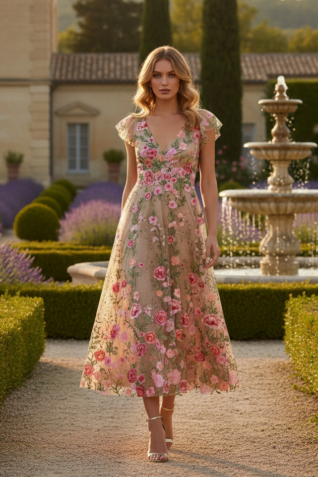 Beige Floral Embroidered Flutter Sleeve Midi Evening Dress
