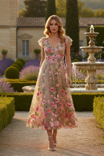 Beige Floral Embroidered Flutter Sleeve Midi Evening Dress