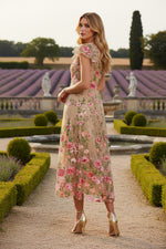 Beige Floral Embroidered Flutter Sleeve Midi Evening Dress