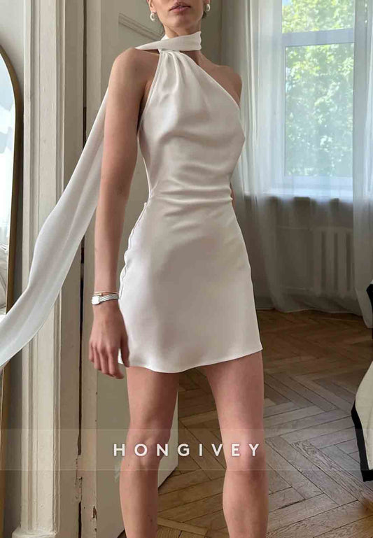 Halter Simple Sheath Satin Mini Ladder Back Side Draping Homecoming Dresses