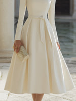 Ivory Bow Belted Midi Evening Dress With Wide Collar