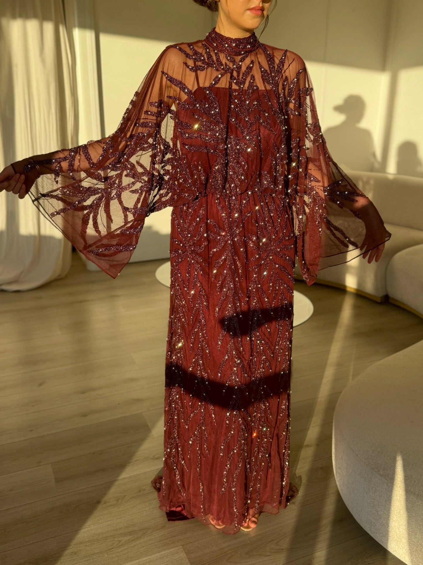 High Neck Sequins Lace Long Sleeve A-Line Floraml Women Evening Dress