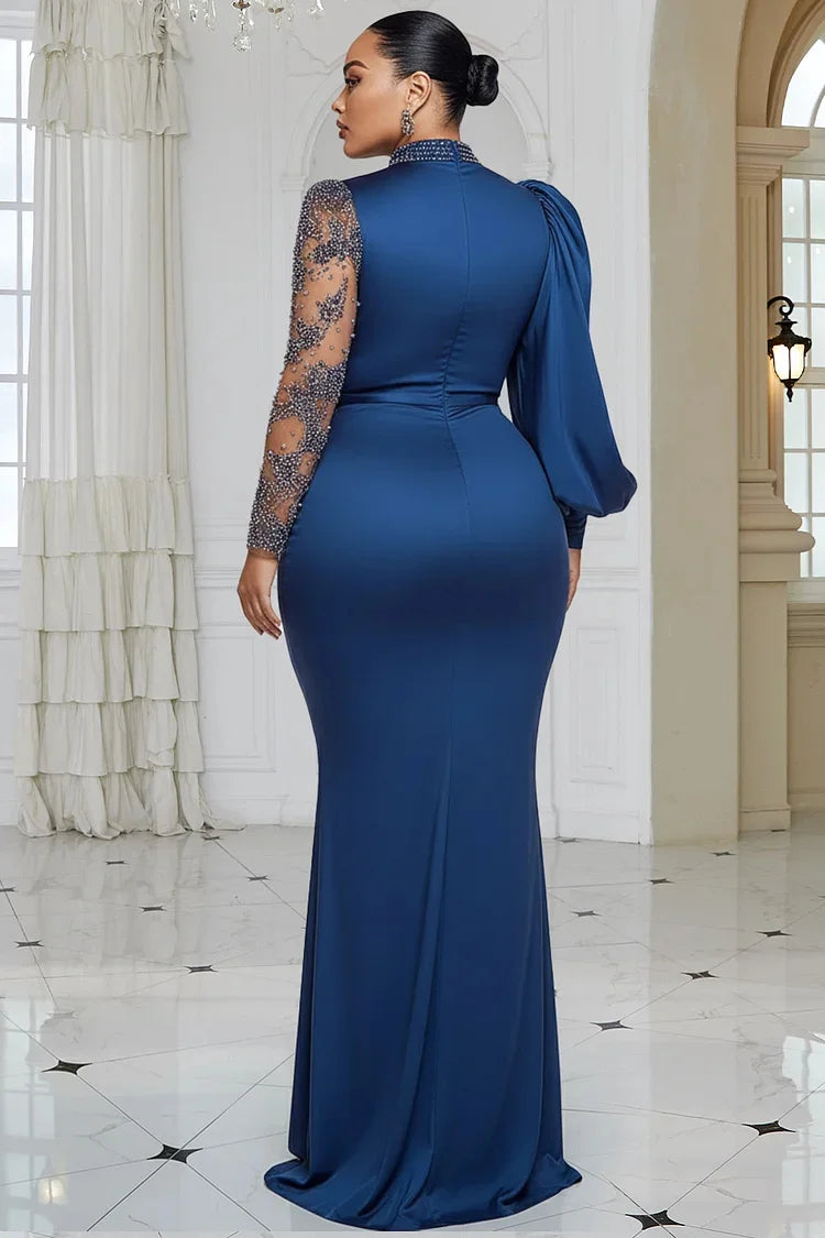 Plus Size Formal Blue Mock Neck Lantern Sleeve Long Sleeve Drilling Elegant See Through Tulle Satin Maxi Dresses