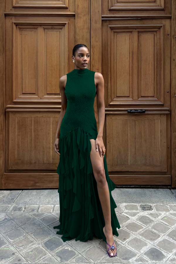 High Neck Sleeveless Long Mermaid Prom Dress With Split Ruffles