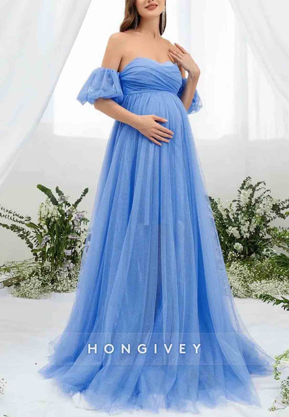 Maternity Sweetheart Off the Shoulder Puff Sleeve Mesh Overlay Wedding Dress