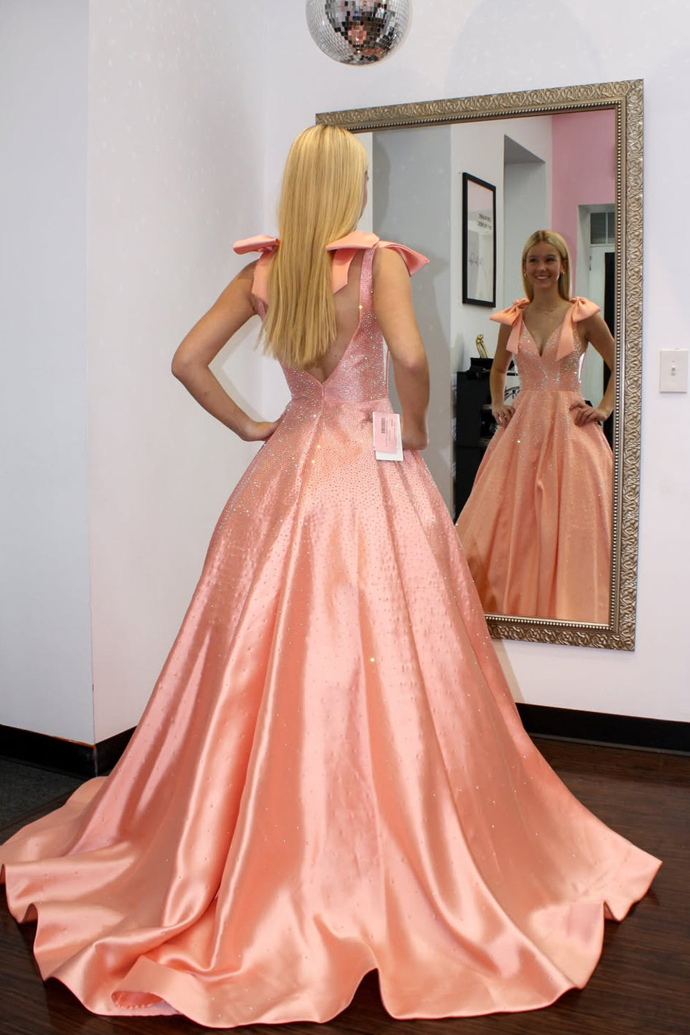 Glitter A Line V Neck Orange Satin Prom Dress with Hot Fix
