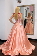 Glitter A Line V Neck Orange Satin Prom Dress with Hot Fix