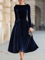 Velvet Long Sleeves Midi Dress With Sculpted Off-Shoulder Collar