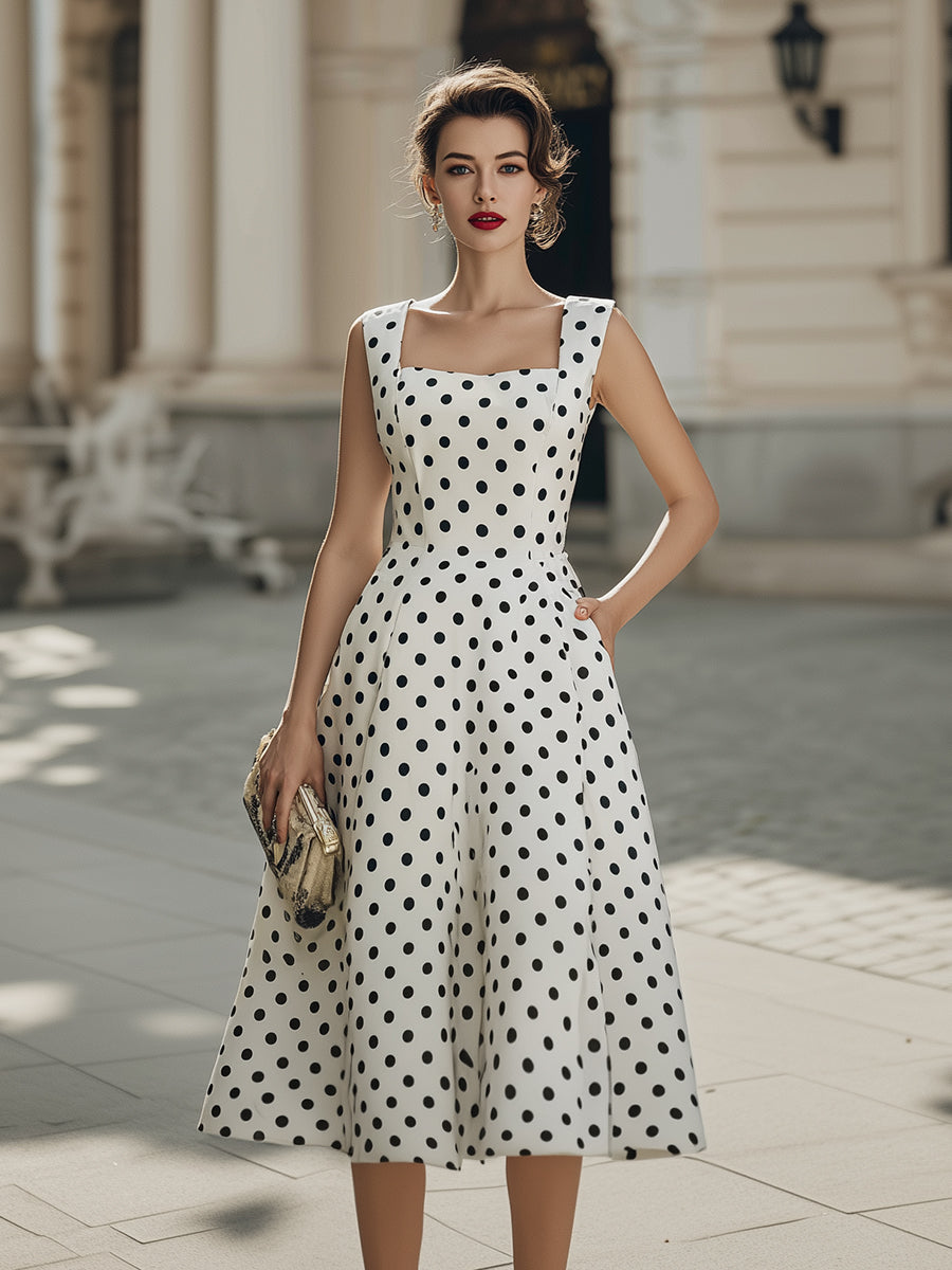 Polka Dot Square Neck Fit And Flare Midi Dress
