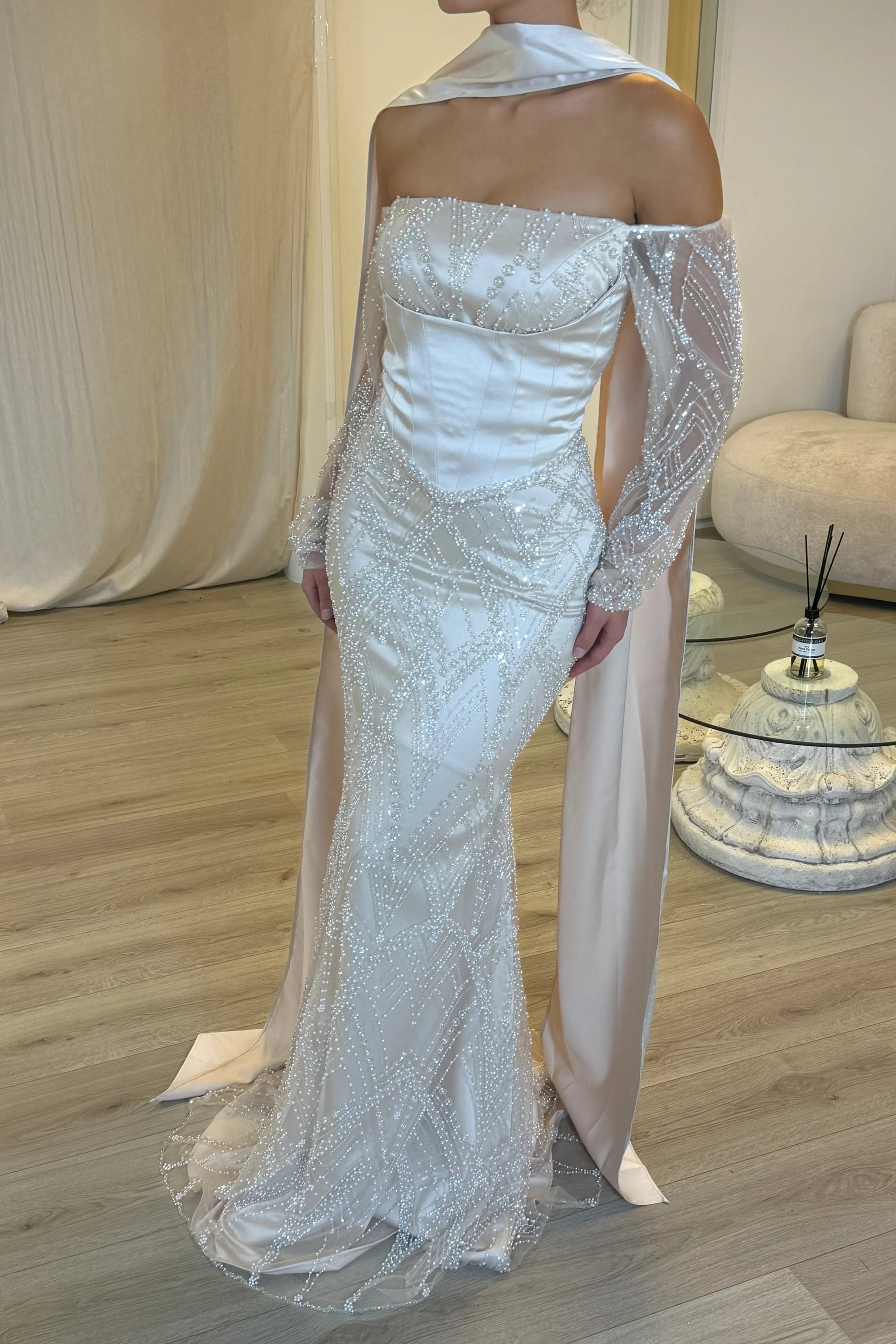 Off the Shoulder Sequins Lace Long Sleeve Mermaid Shawl Floor-Length Evening Dress